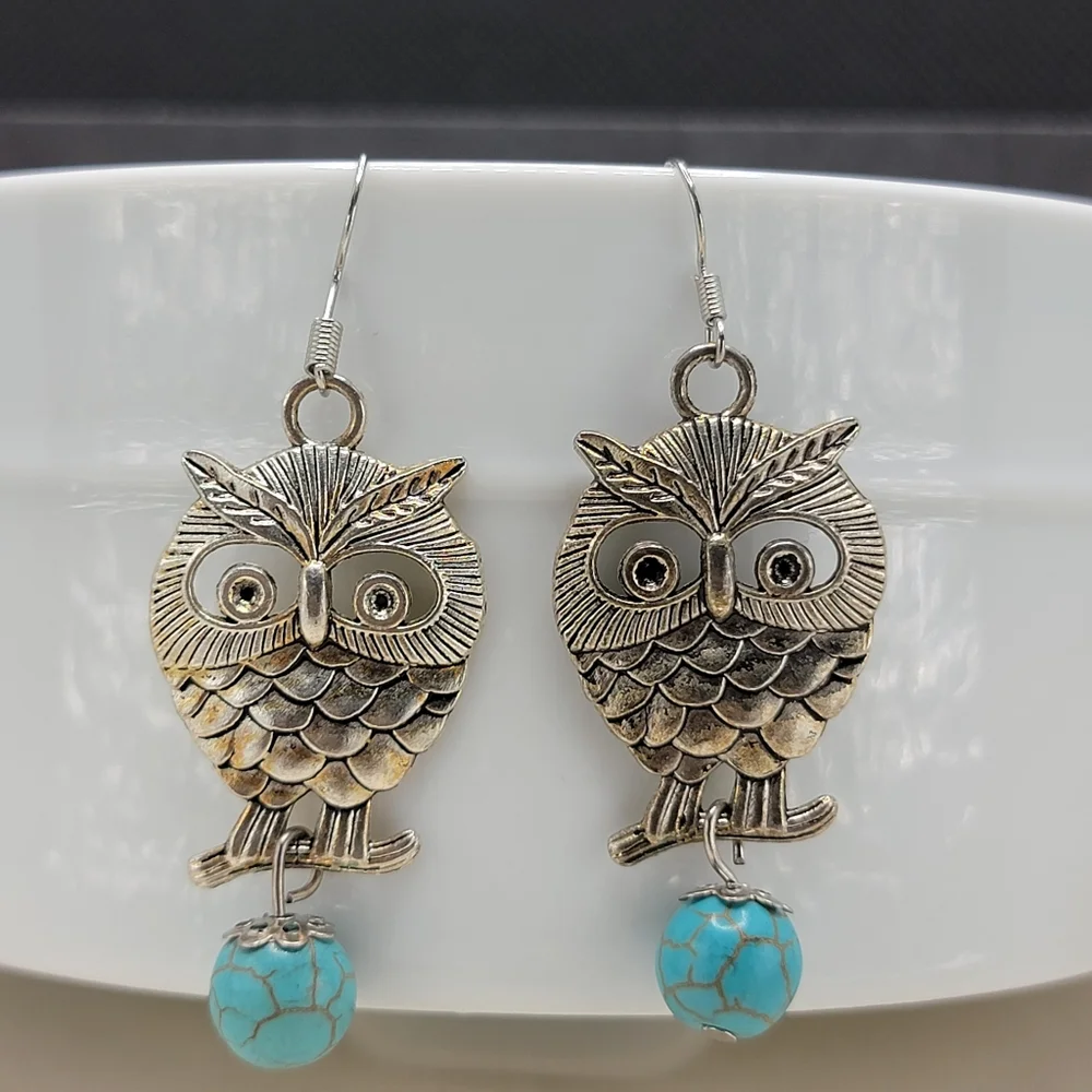 Turquoise Owl Earrings Silver Tone